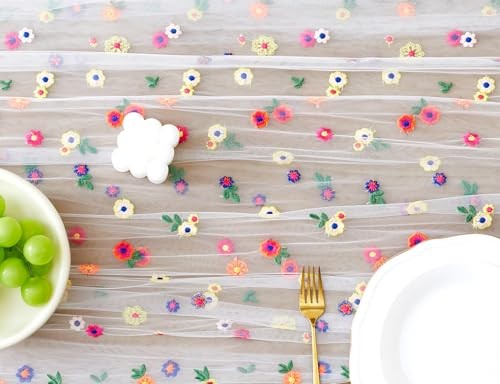 3pcs Embroidery Cheesecloth Table Runner Daisy Summer Fall 10ft x 3pack White