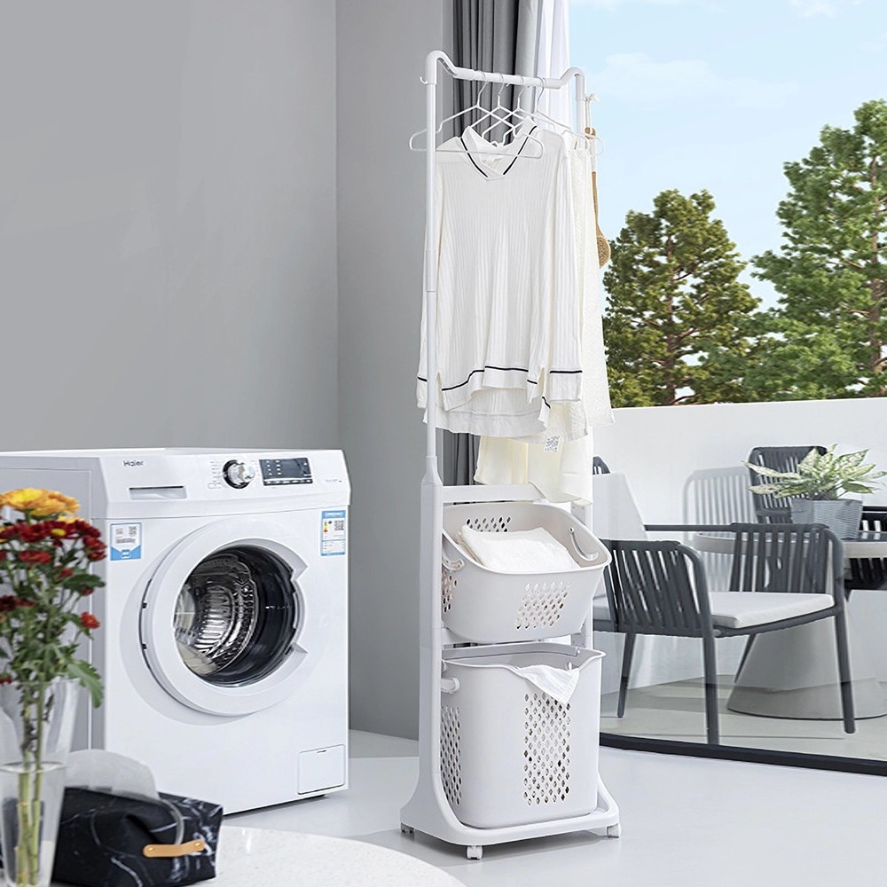 2-Tier Hamper Sorter with Wheels, Hanging Bar & Stackable Baskets