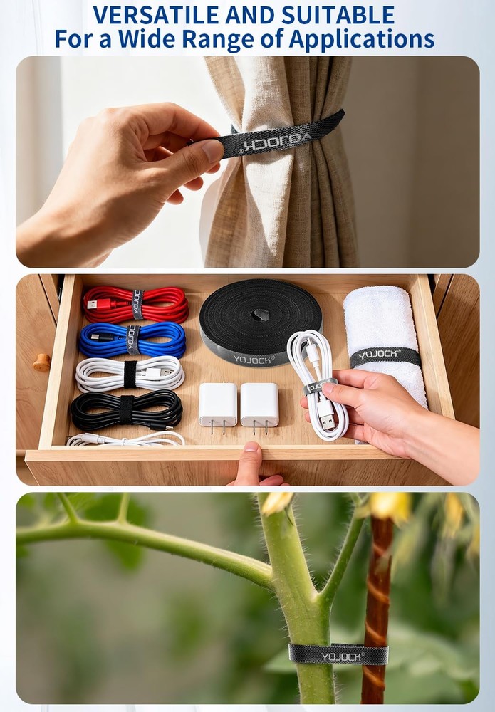 Reusable Hook Loop Cable Ties 0.4in x 16ft - Cable Management Black