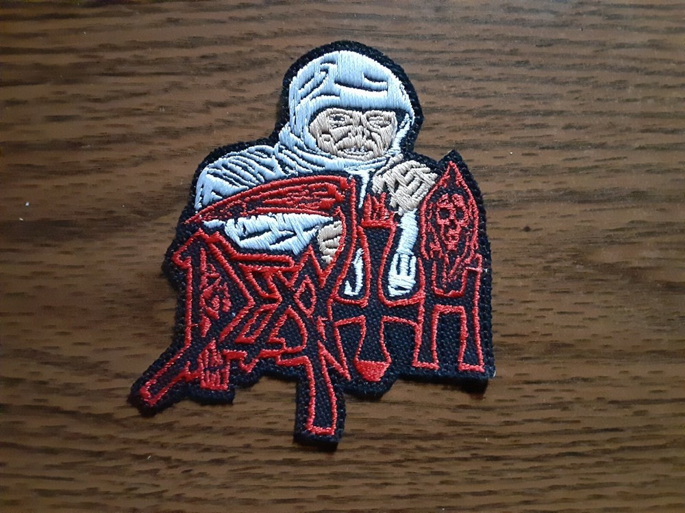 DEATH + LOGO,IRON ON RED AND WHITE EMBROIDERED PATCH