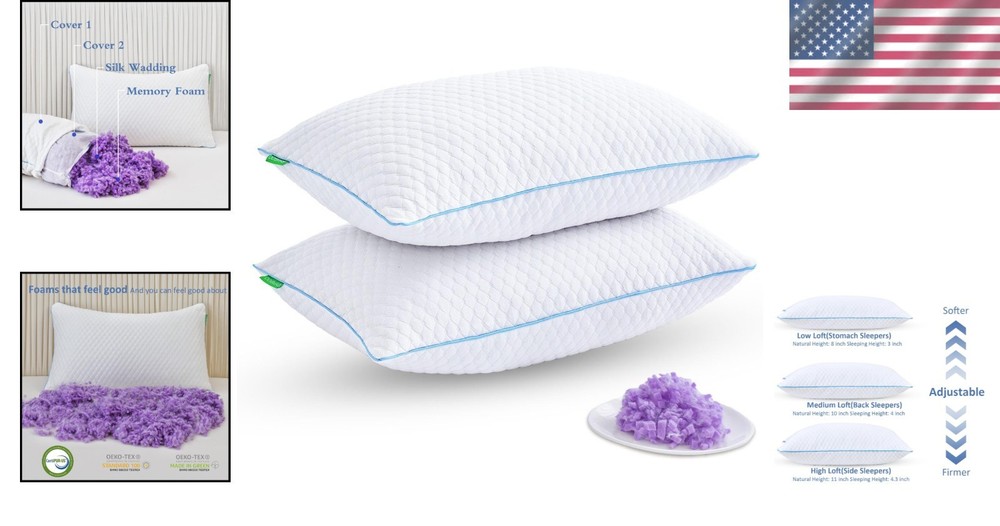 Ergonomic Shredded Memory Foam Pillows for Sleeping - 2-Pack Adjustable Comfort