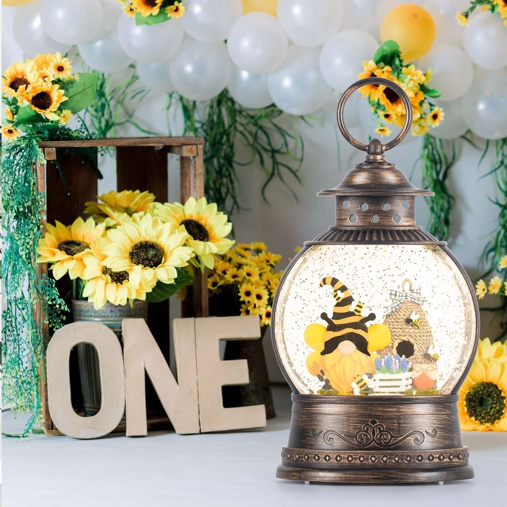 Bee Hive Decor Spring Bee Gnome Light Up Snow Globe 6H Timer Honey Bee Decora...