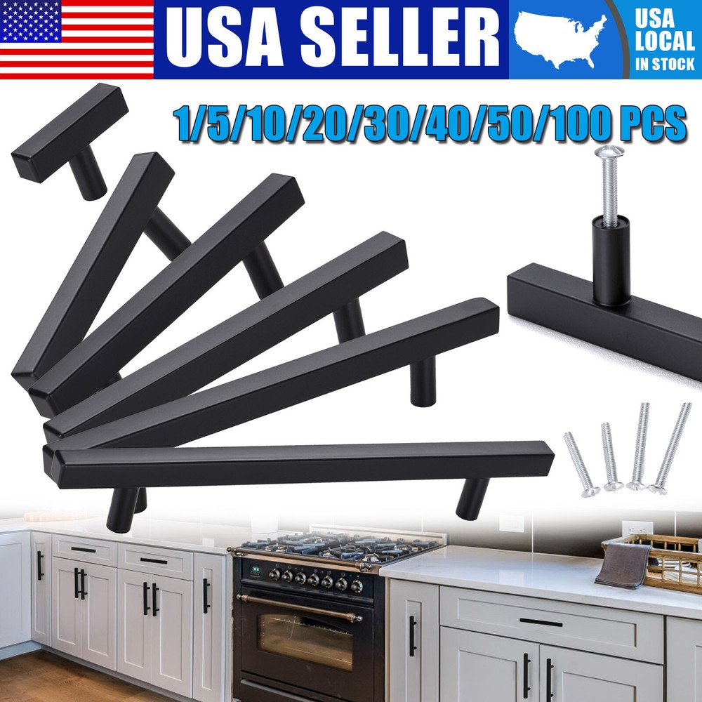 Stainless Steel Matte Black Kitchen Square Cabinet Handles Drawer Pull Knobs Lot