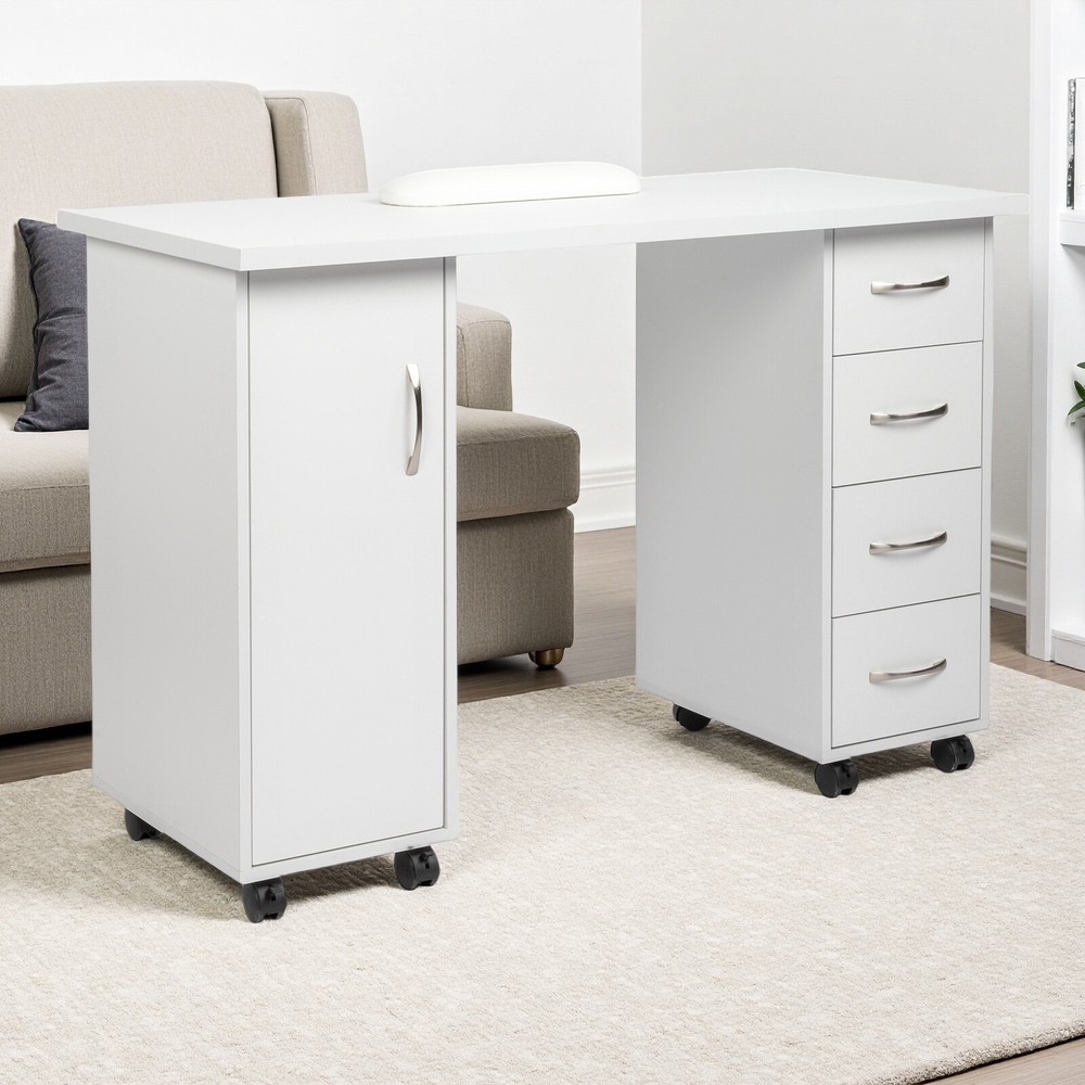 Rolling Computer Desk - White, 4-Drawer, Shelves Storage & MDF ​Nail Table​