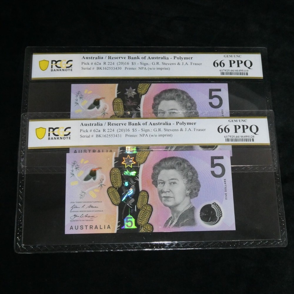 Australia 2016 $5 Consecutive Pair Stevens Fraser Banknotes PCGS 66PPQ #5120