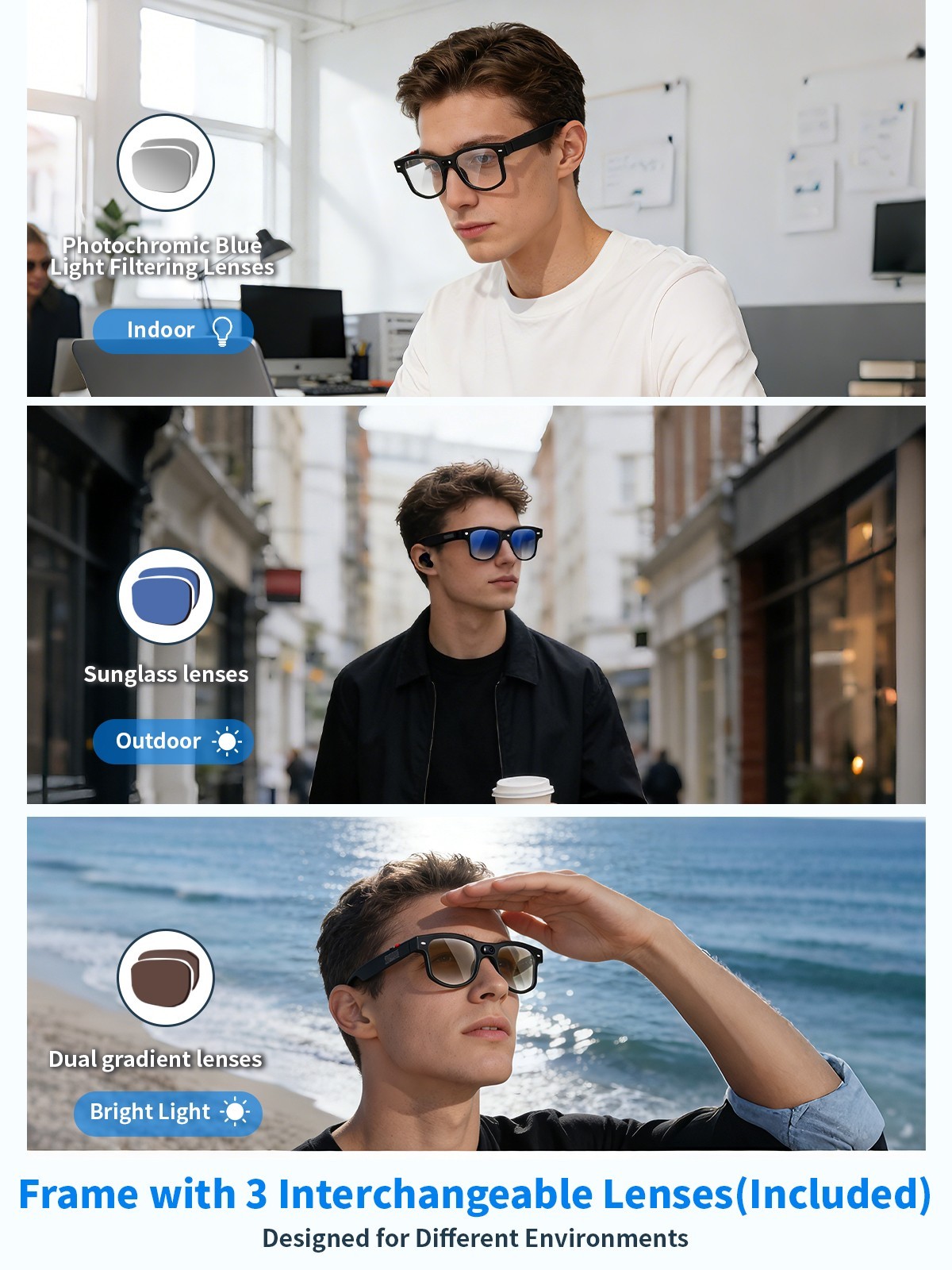 AI Smart Glasses with Interchangeable Lenses HD Camera Bluetooth for iOS Android