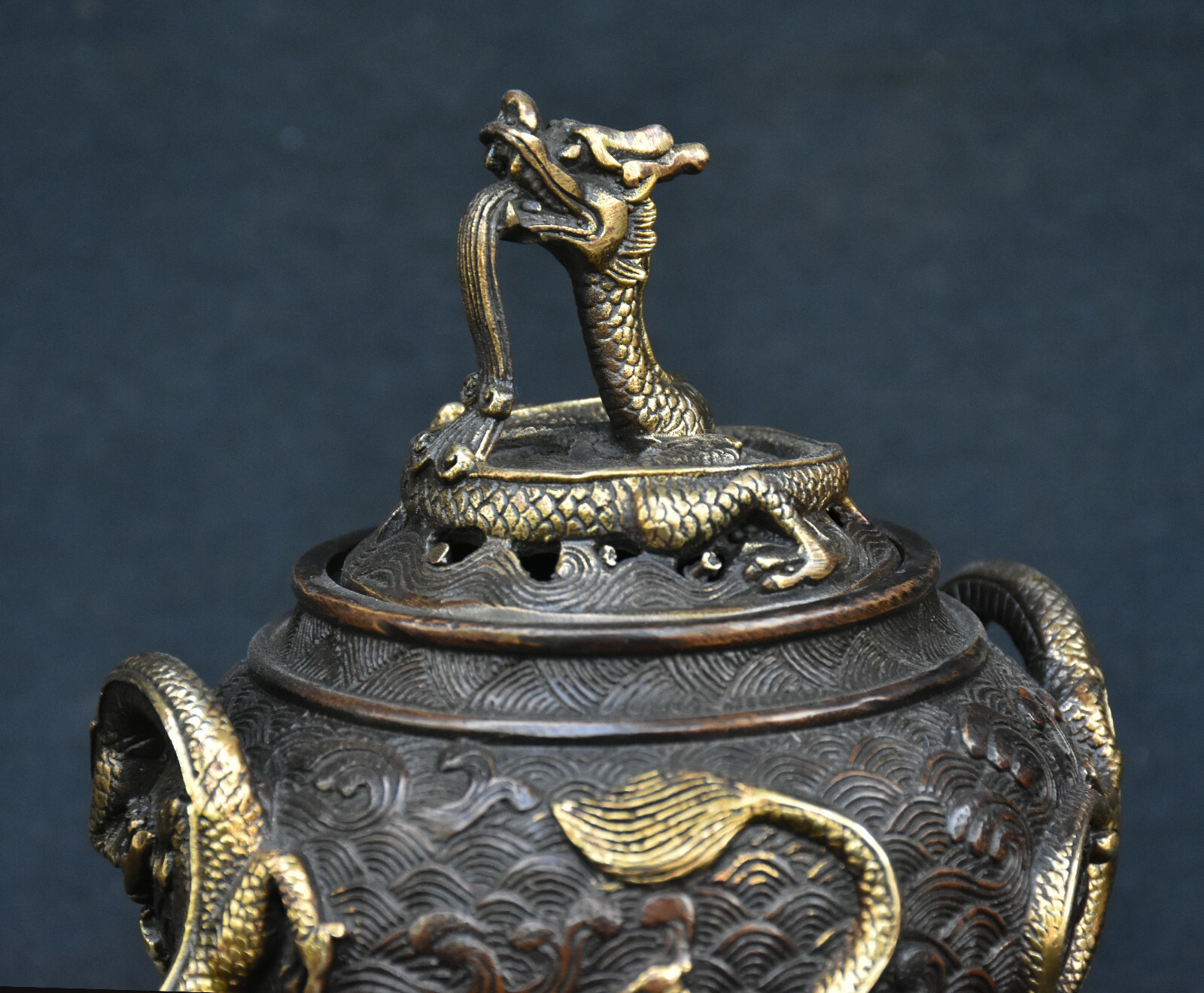 Old Chinese Dynasty Bronze Gilt Animal Dragon Loong Beast Incense Burner Censer