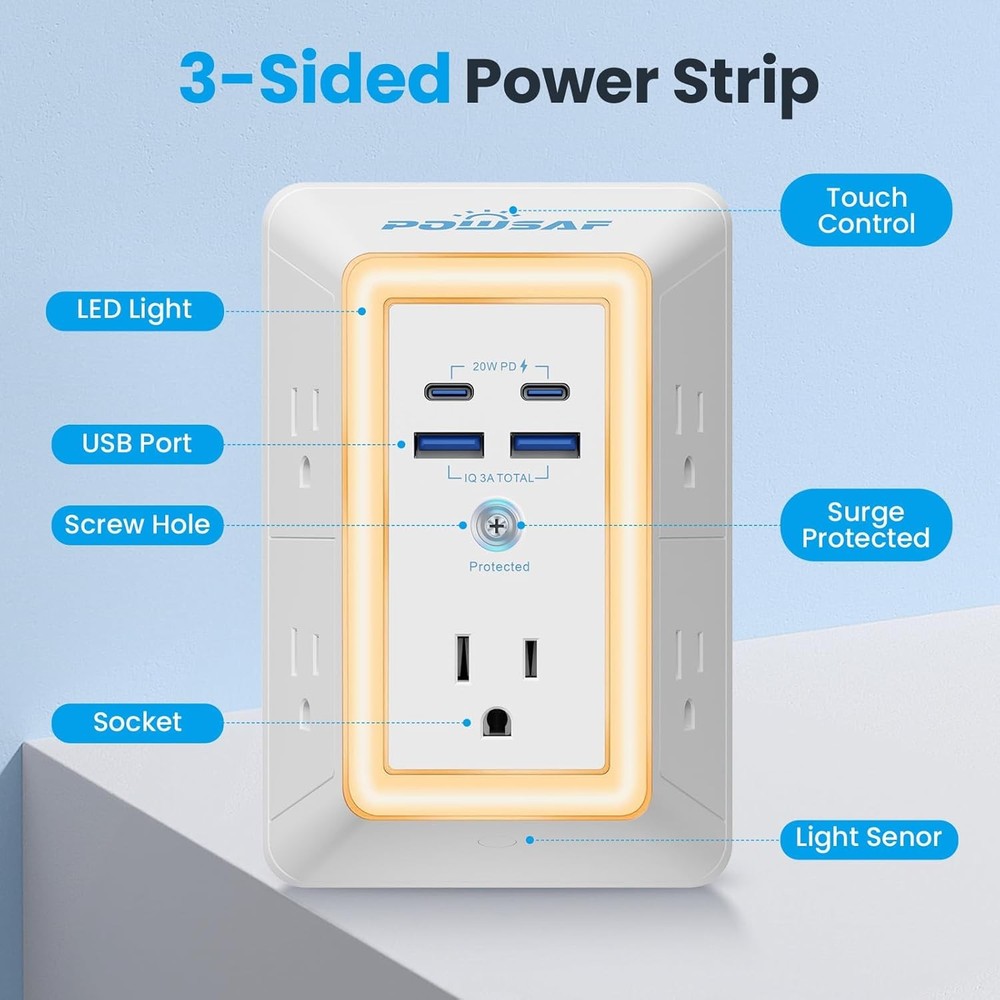Multi Plug Outlet Surge Protector - POWSAF 5 Outlet Extender with 4 USB Ports(2