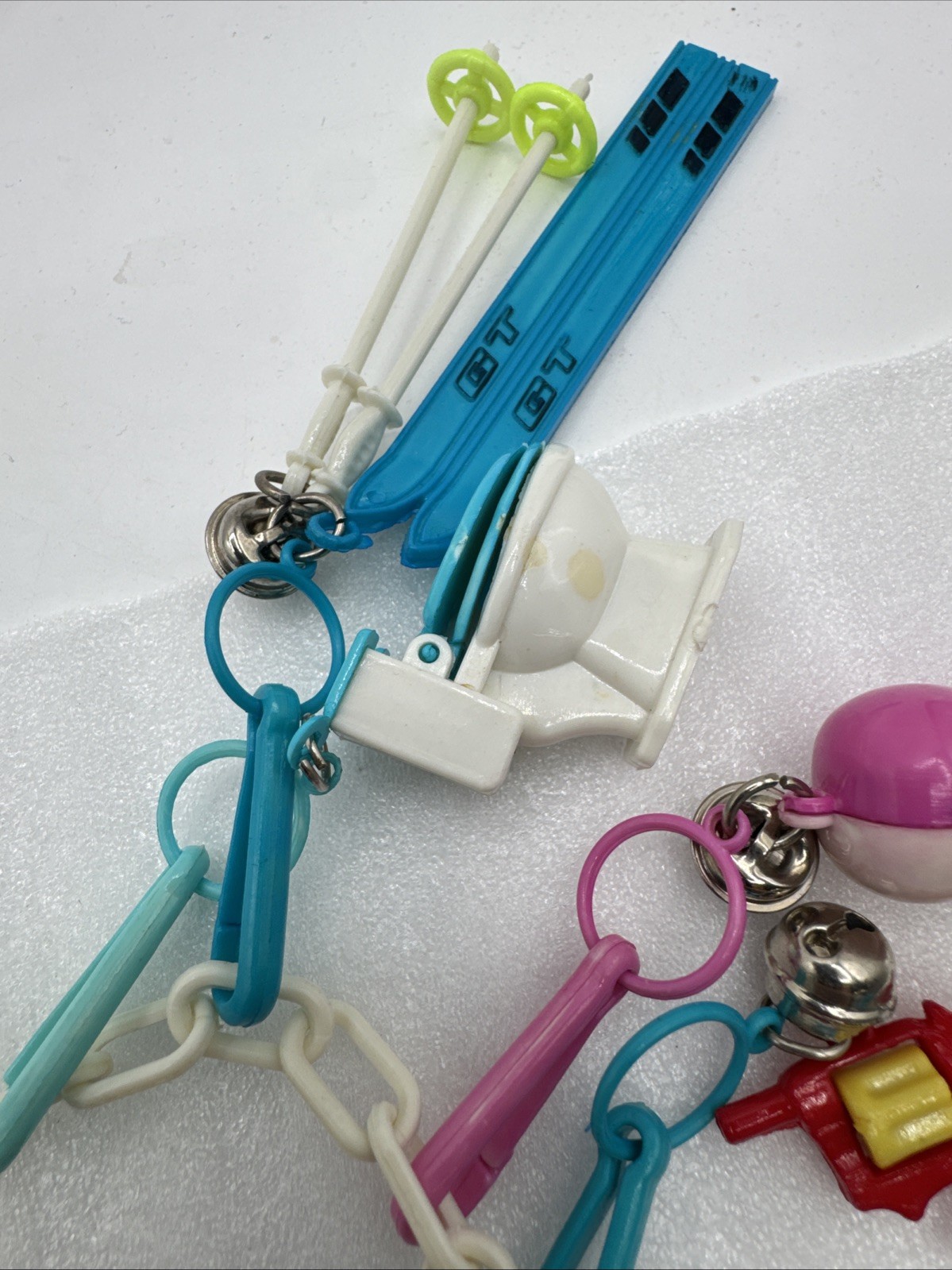 Vintage 1980's Plastic Bell Charm Clip Necklace w 2 Chains and 34 Charms.