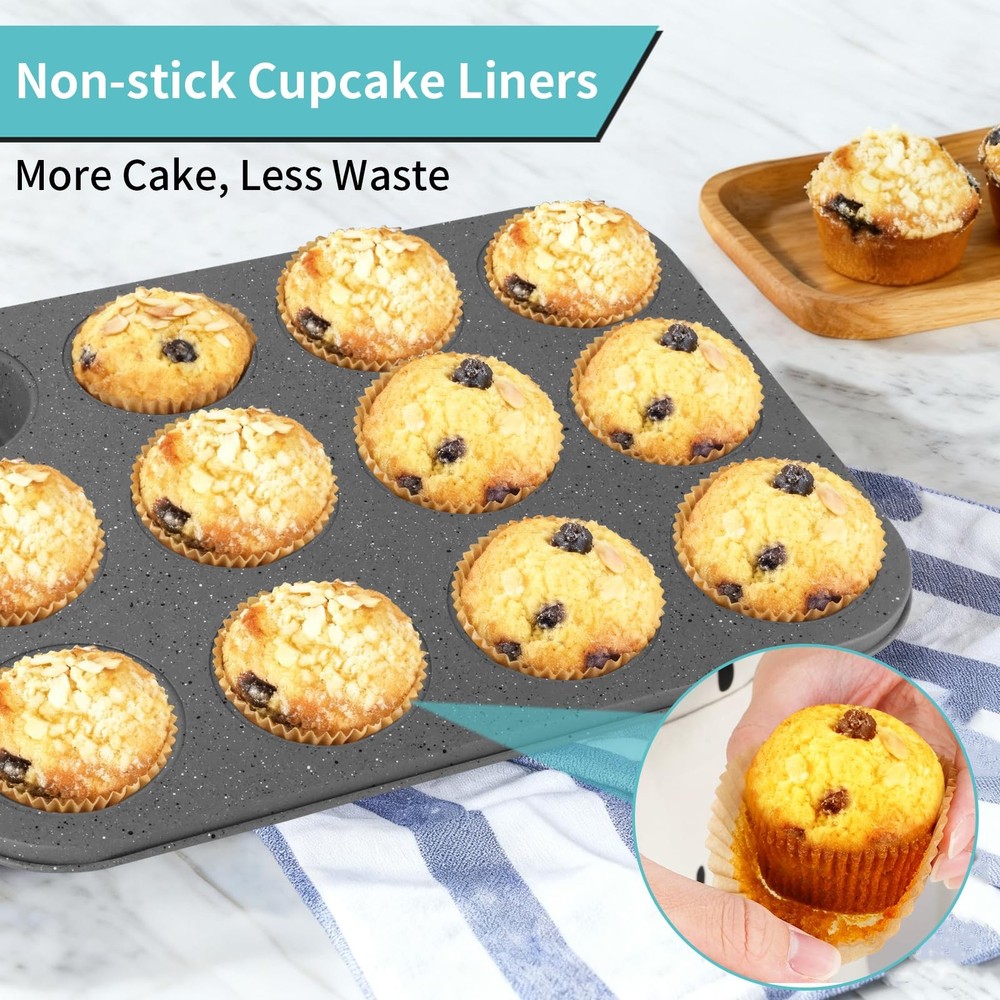 Baking Pans Set, 5 Piece Grey Marble Nonstick Bakeware with 100 Cupcake Liner...