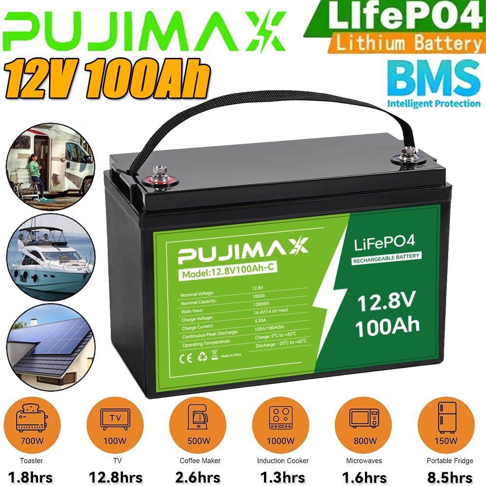 12V 100Ah LiFePO4 Lithium Battery Cycle Deep Built-in BMS for Solar RV Off-grid