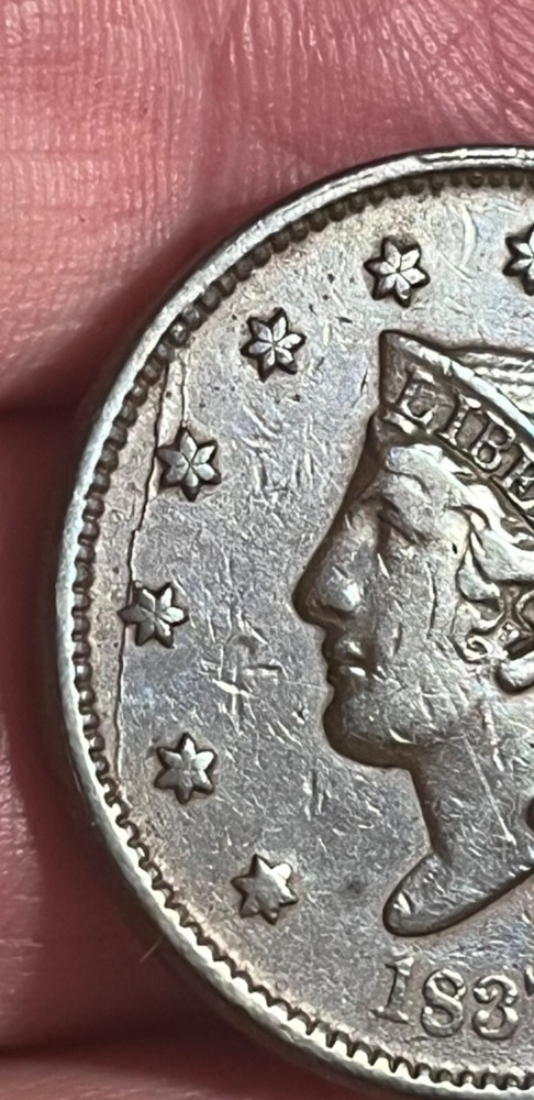 1837 large cent, plain cord, medium letters reverse, Die crack obverse. XF
