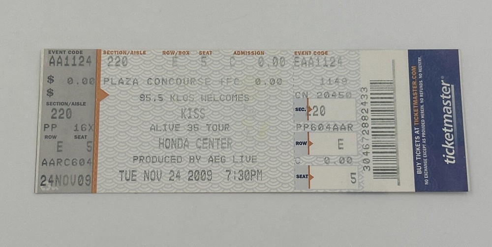 Kiss 24th November 2009 Ticket alive 35 Tour Honda Center