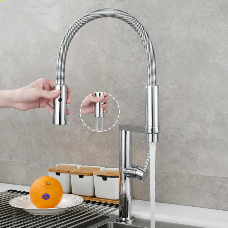 Chrome Brass Kitchen Faucet with Pull Down Sprayer,Commercial Single Handle Tap