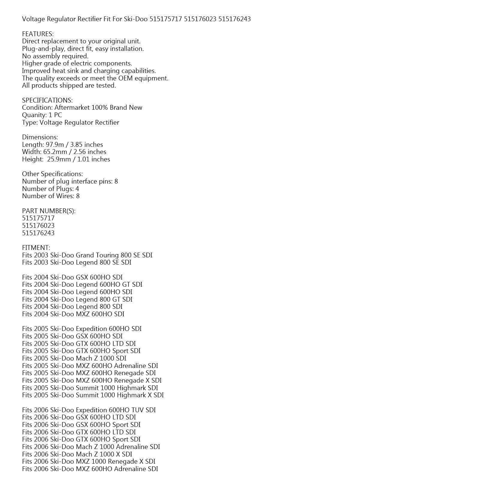 Voltage Regulator fits Ski-Doo 600 HO SDI Repl # 515176243 515175717 515176023