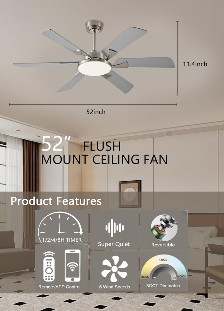 52" Modern Ceiling Fan with Remote, Dimmable Lights & Reversible Motor