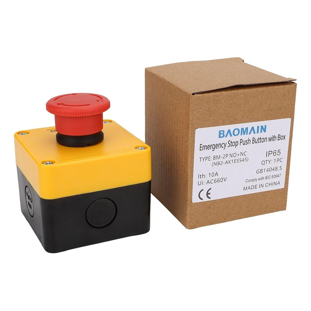 Baomain Red Sign Emergency Stop Switch, 660V Weatherproof Push Button Switch...