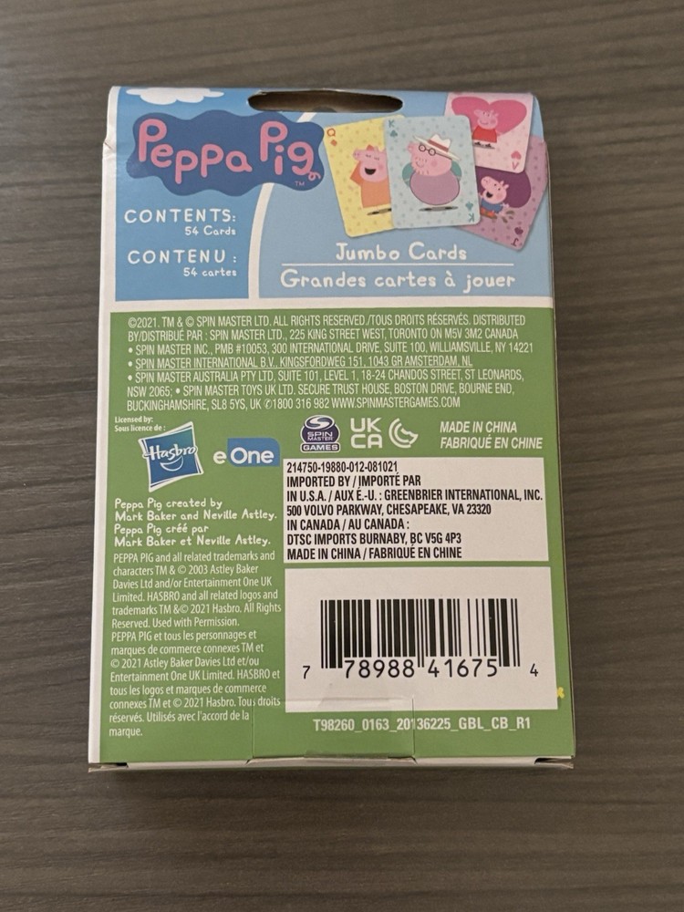 Peppa Pig Jumbo Playing Cards - New