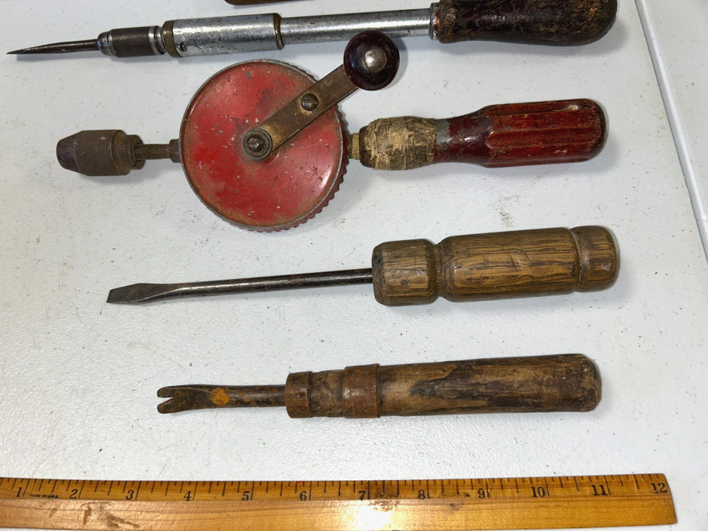 Vintage 5 Wooden Handles Tools: Drill, Screwdriver, Edger, Tack Puller,