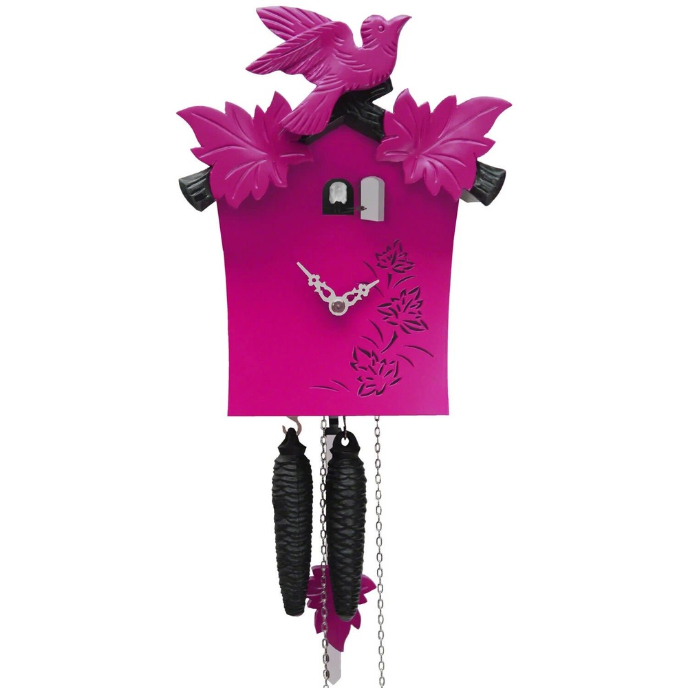 Exquisite Modern Magenta Cuckoo Clock with Handcarved Bird, Handmade Rectangle