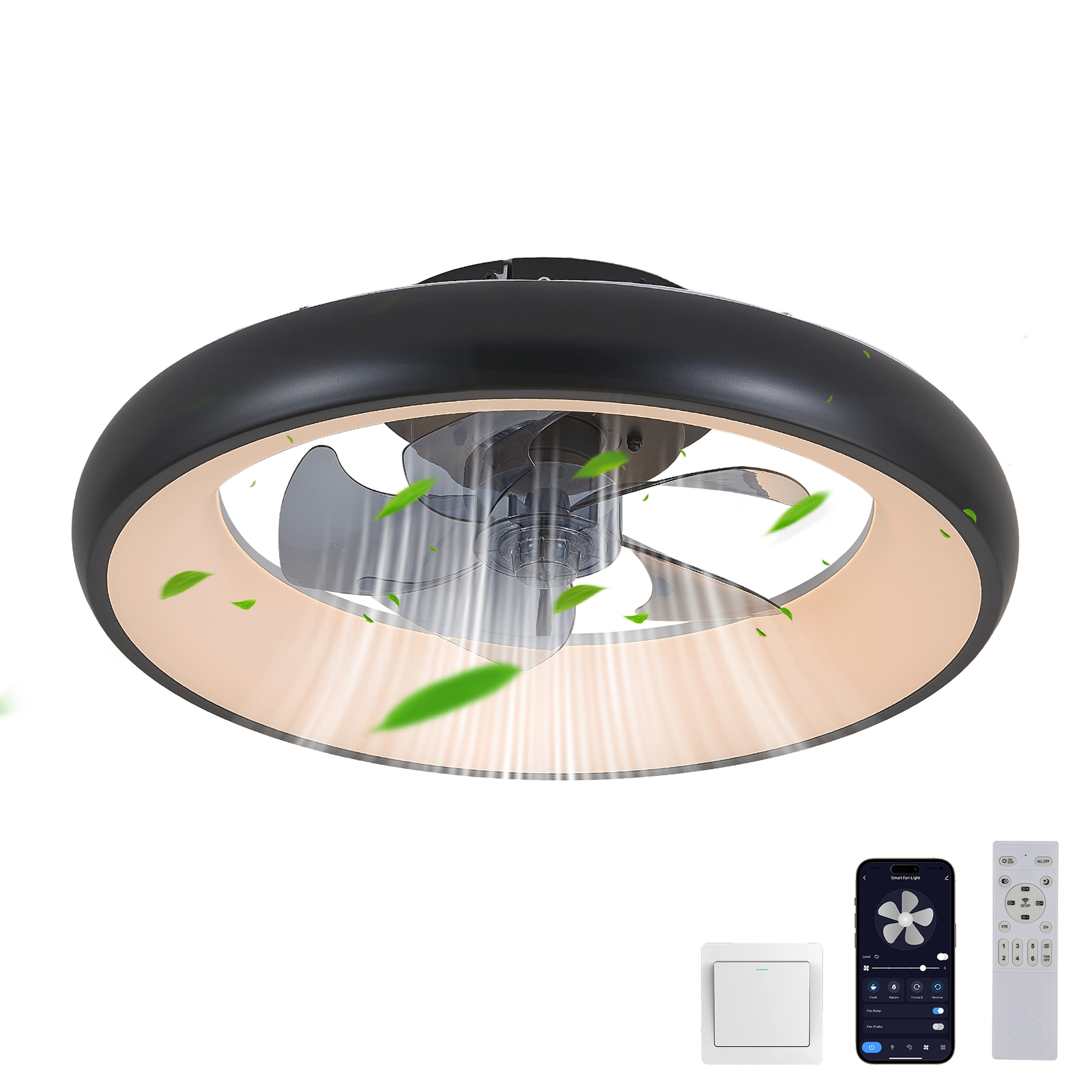 20" Black LED Ceiling Fan Light Flush Mount Modern kit With Remote APP Control