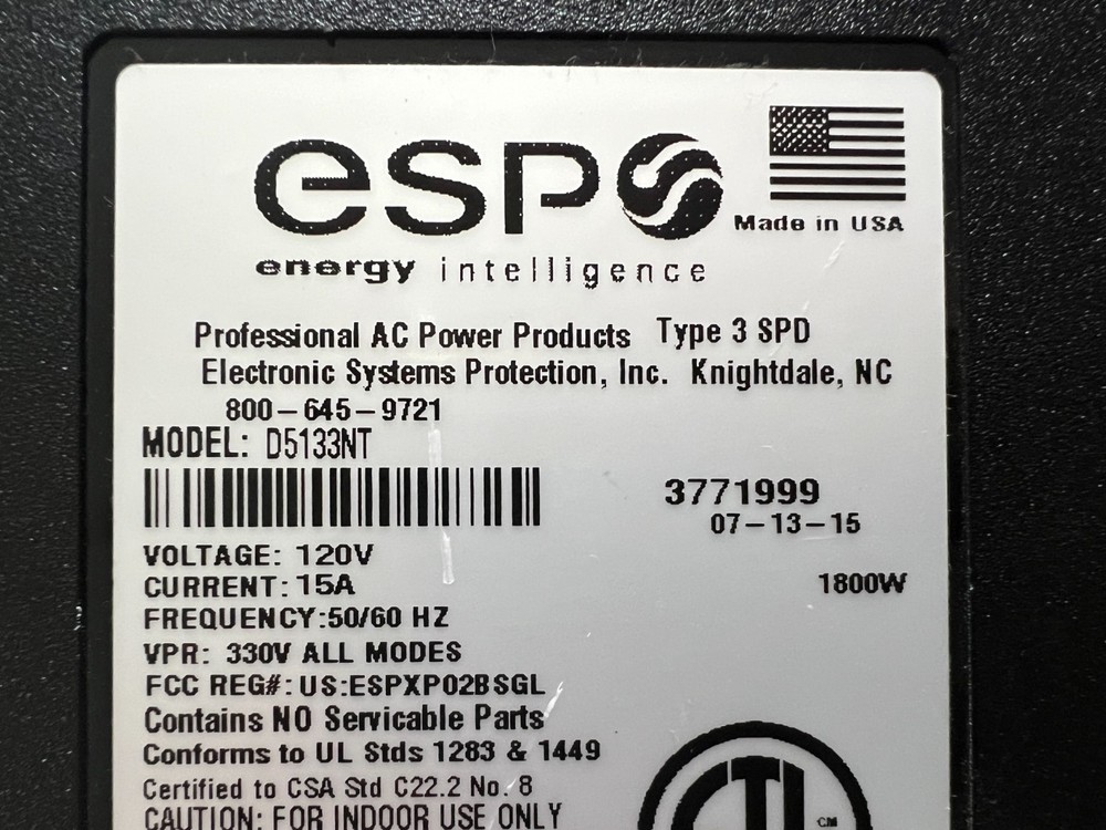 ESP Energy Intelligence D5133NT Type 3 SPD Surge Protector