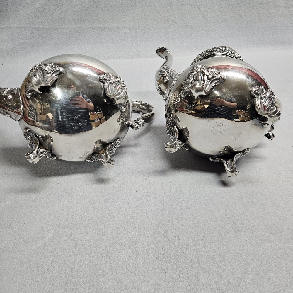 Wilcox International Silver USA Du Barry Floral 7601 & 7602 Tea Coffee Set Vtg