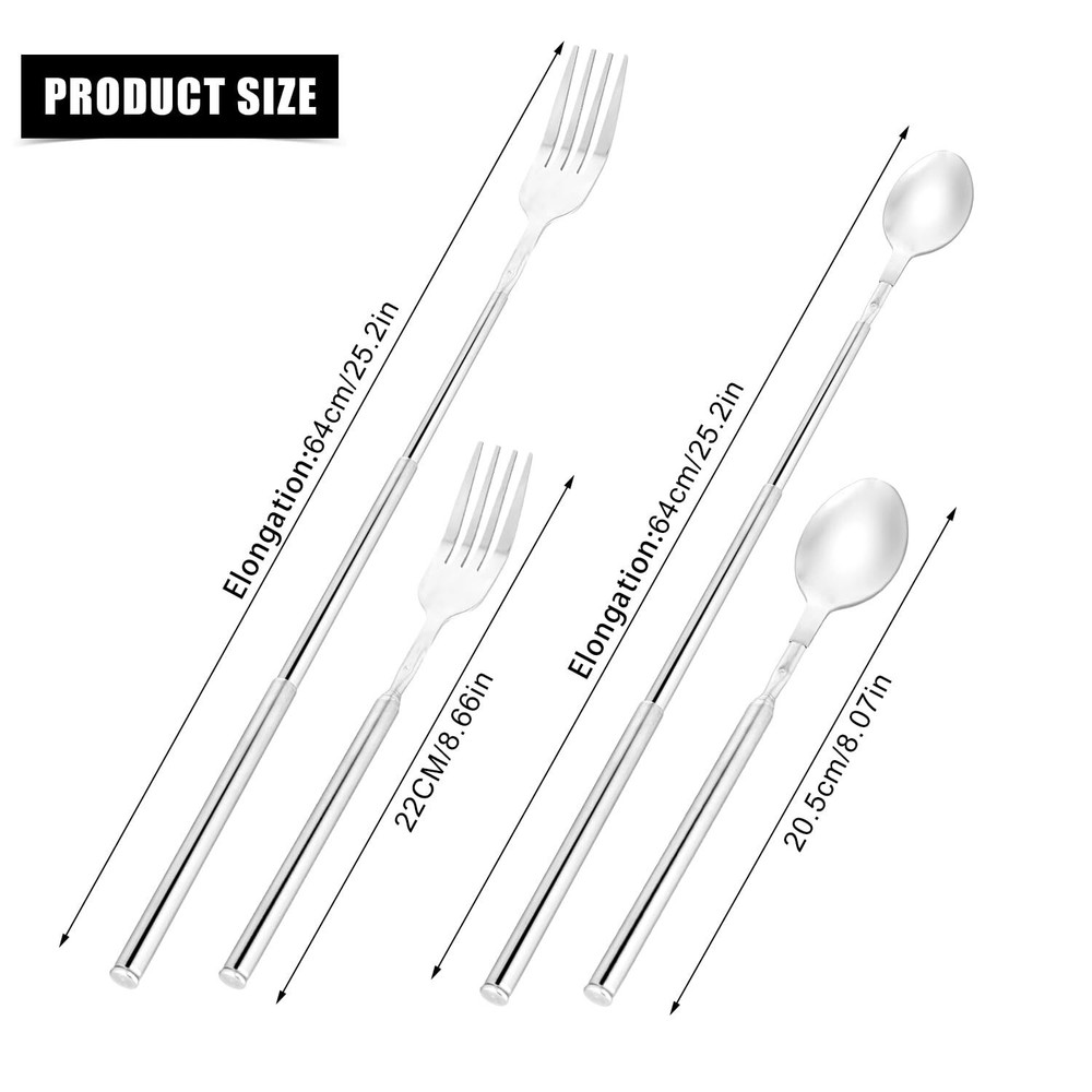 Extendable fork Spoon Telescopic Fork and Spoon Set Stainless Steel Long For