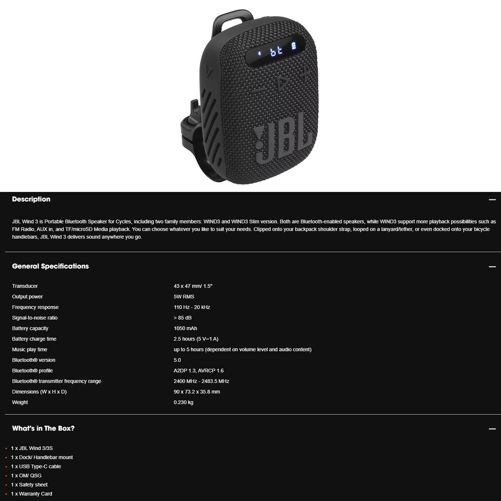 JBL Wind 3 JBLWIND3AM IP67 Waterproof Dock/Handlebar Mount FM Bluetooth Speaker