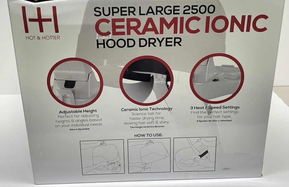 Ceramic Ionic Hood Dryer Extra Large 2500 Adjustable 3 Heat Settings Super Quiet