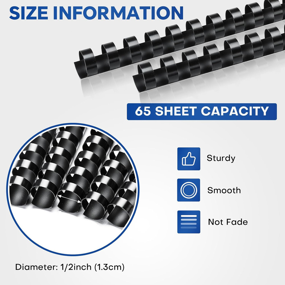 100 Pack 21 Ring Plastic Comb Binding Spines | 1/2 Inch Diameter, 65 Sheet Ca...