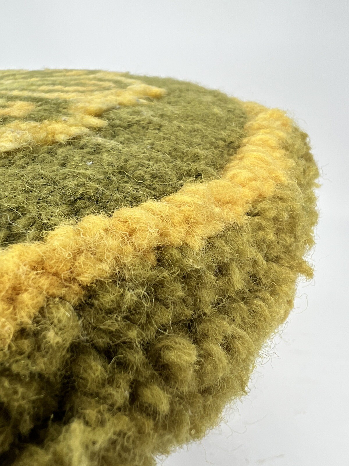 Vtg Round Footstool Floral Hooked Rug Top Wooden Legs MCM 8.75 x 12” Avacado