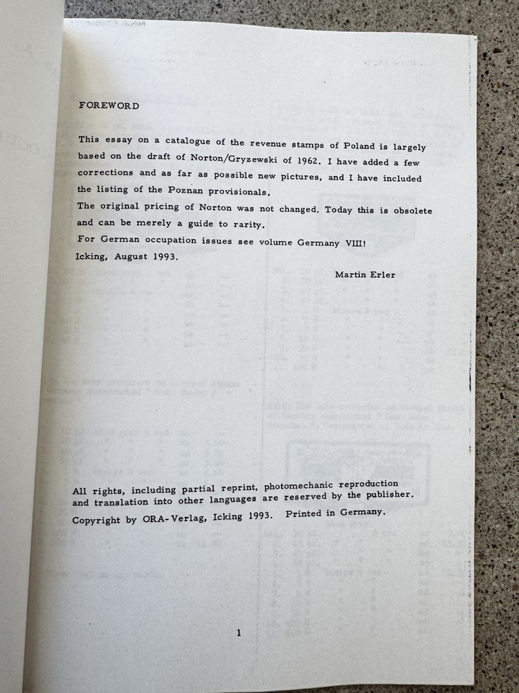 Catalogue Adhesive Revenue Stamps Poland Norton Gryzewski Erler 1993