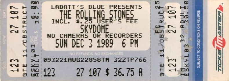 THE ROLLING STONES 1989 SKYDOME / TORONTO CONCERT UNUSED TICKET / NMT 2 MINT