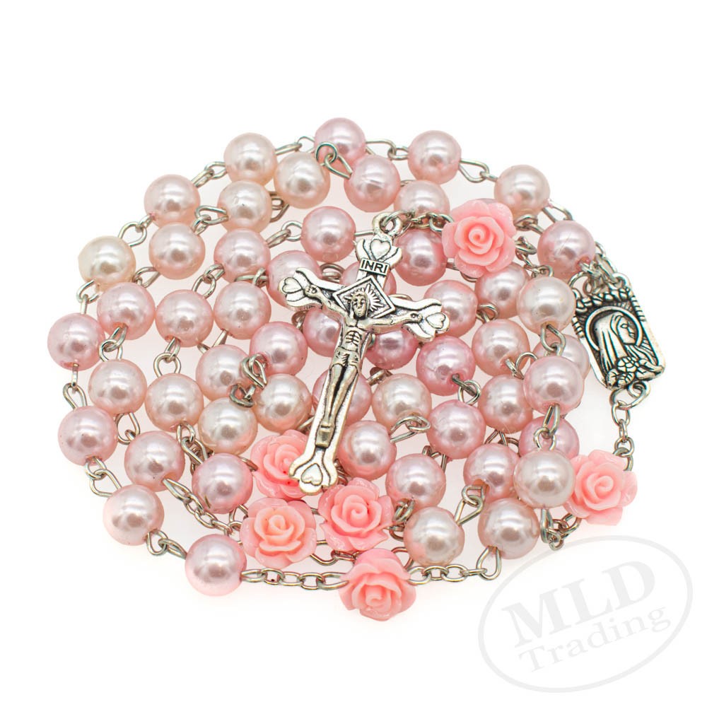 Pink Pearl Rosary Necklace – 32 Inch with Rose Beads Catholic Prayer Crucifix