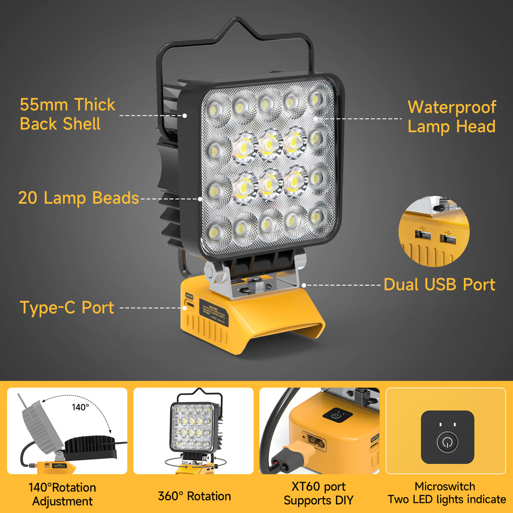 USB,Type-C,60W Work Light LED Compatible with Dewalt 20V Battery 6000LM