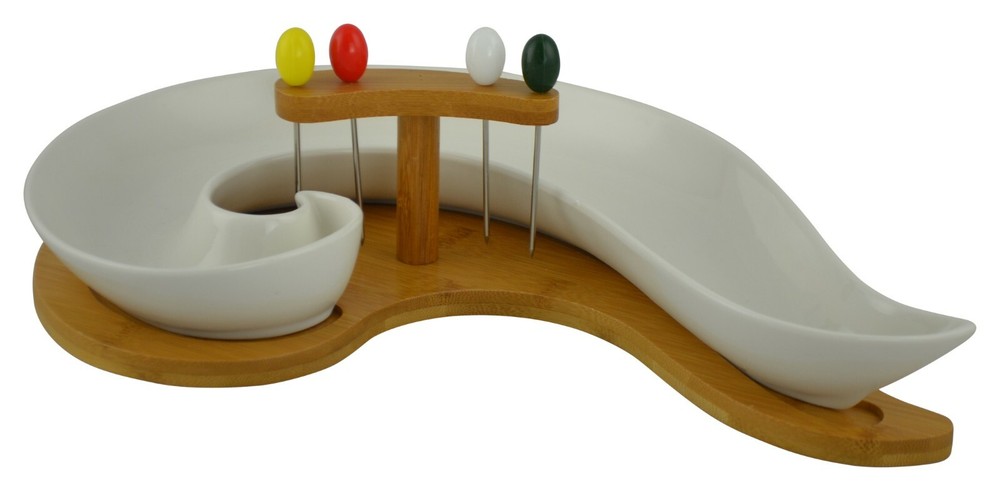 Whiteware Ceramic Curved Serving Bowl with Food Picks
