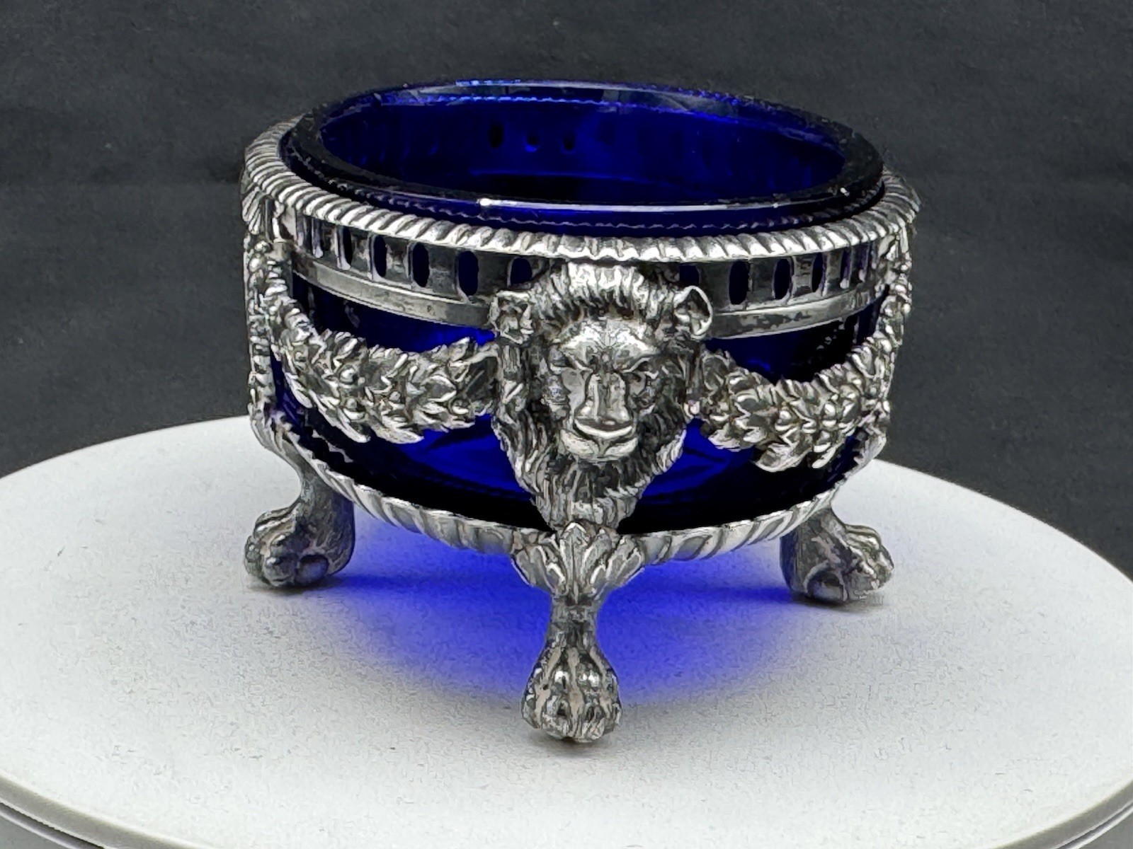 ANTIQUE FRENCH STERLING SILVER MASTER SALT CELLAR W/ COBALT BLUE GLASS INSERT