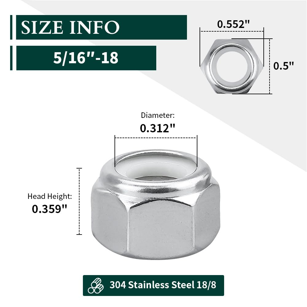 5/16-18 Nylon Insert Hex Lock Nuts Stainless Locknuts, Hex Drive, Bright Finish,