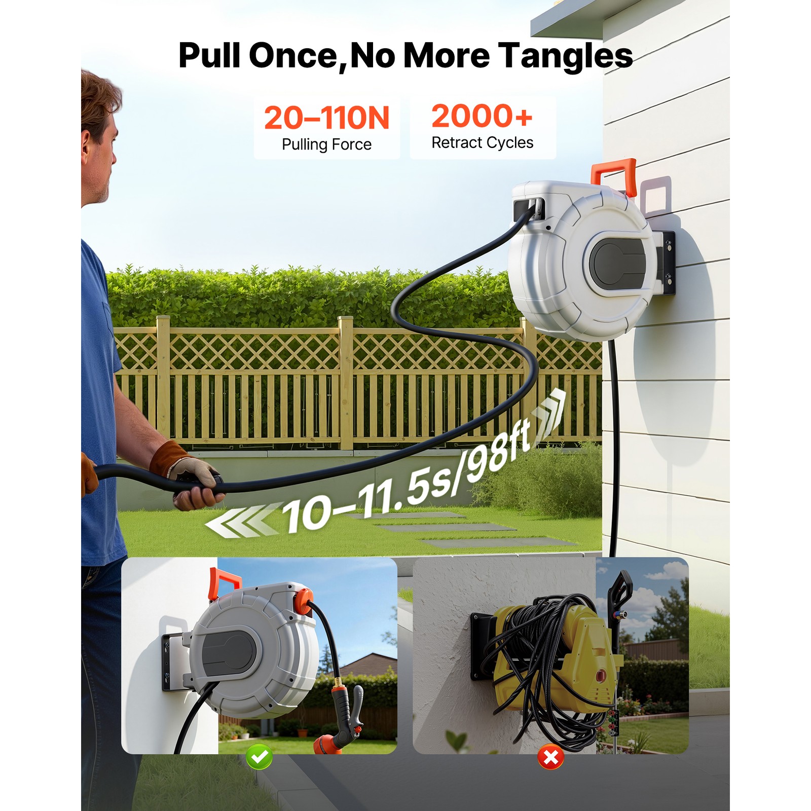 Uimoso Retractable Wall-Mounted Garden Hose Reel 1/2 inx50 ft with 9 Spray Modes