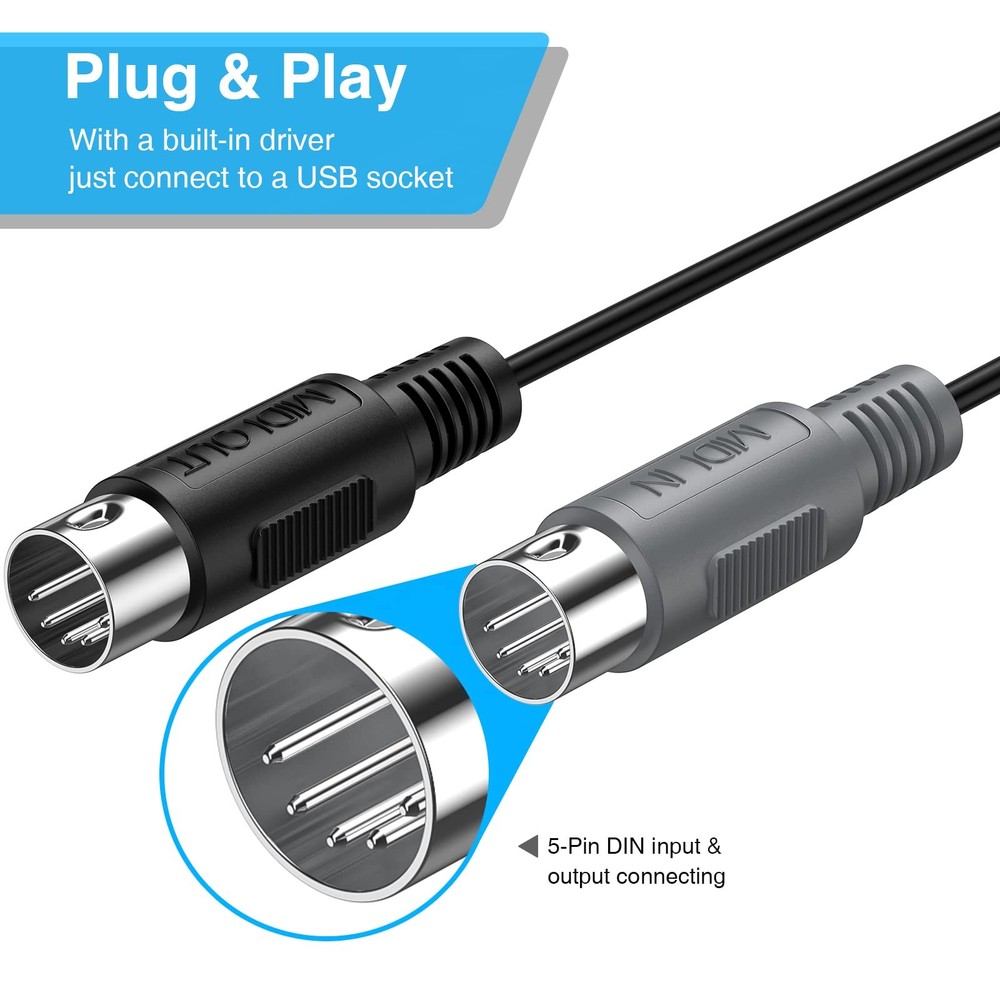 USB MIDI Cable 6.5Ft Interface Adapter for Piano Keyboard Synthesizer