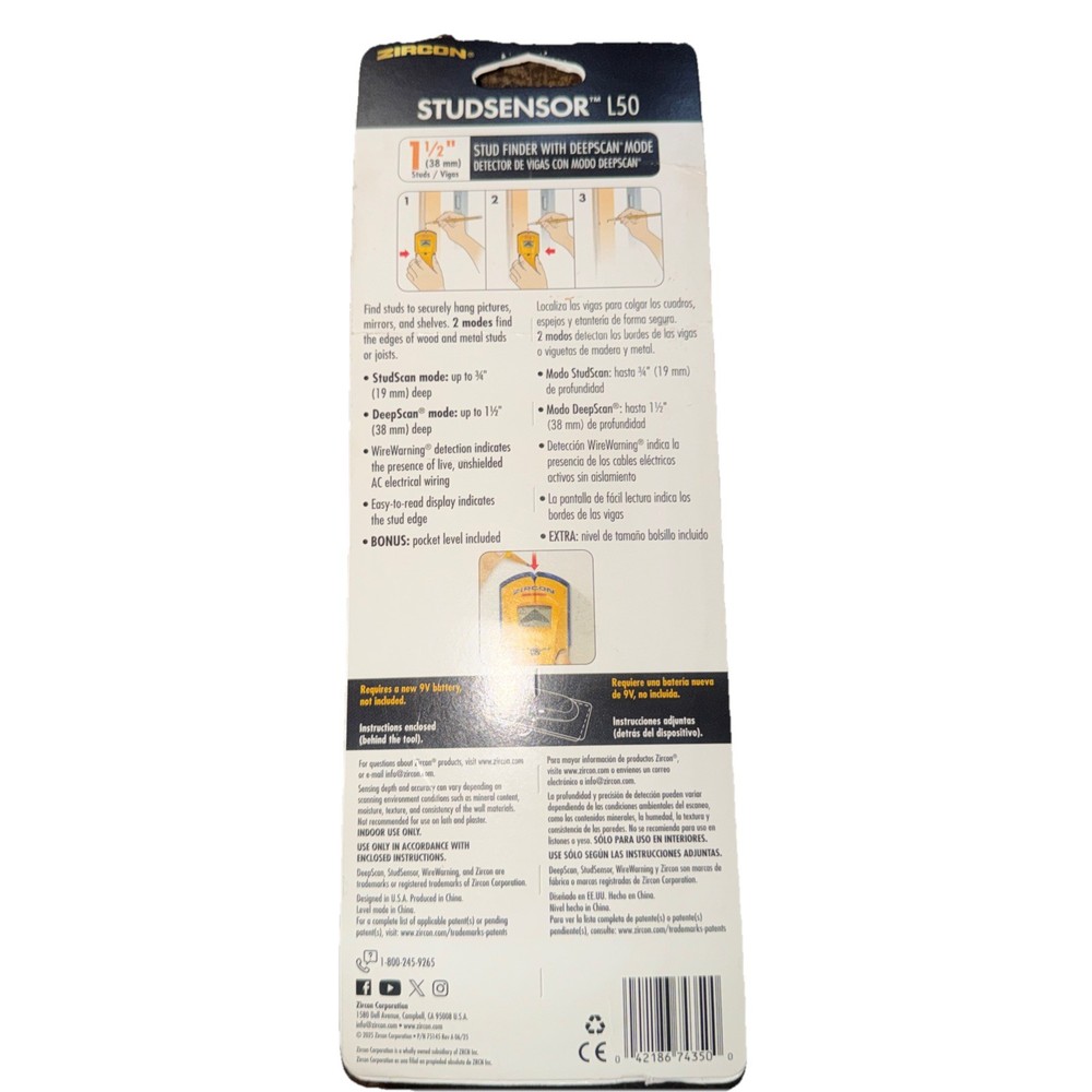 Zircon StudSensor L50 Edge Finding Electronic Stud Finder Sensor w/Pocket Level