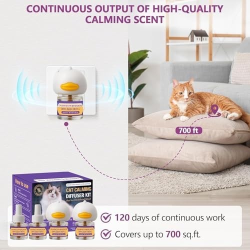 Cat Calming Diffuser Kit - 2 Plug-Ins & 4 Refills, Stress Relief for Multi Cats,