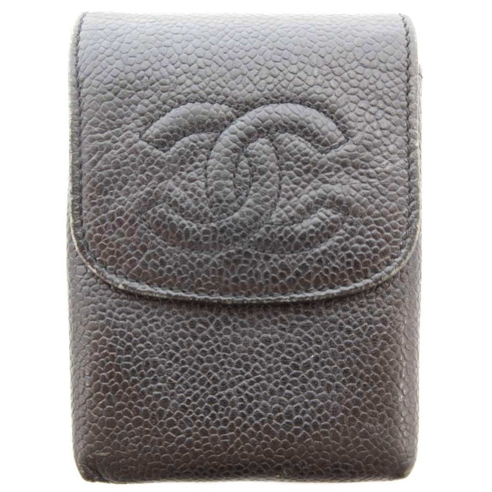 CHANEL Leather Cigarette Case Black Caviar Coco Mark Used