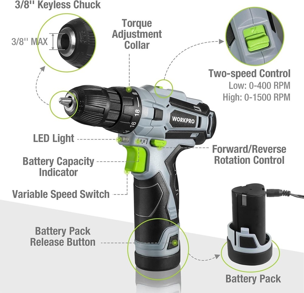 Cordless 12V Drill Driver Kit - Compact Electric Screwdriver for Home Projects
