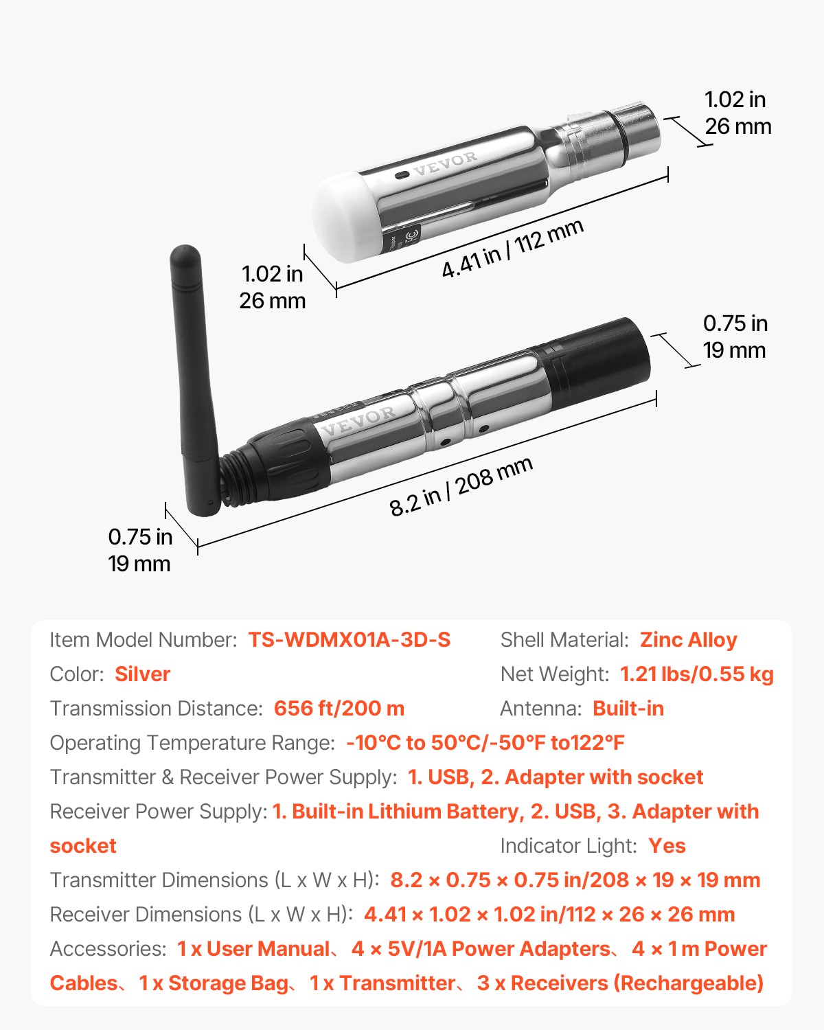 VEVOR DMX Wireless Receiver Transmitter Rechargeable Battery Stage Light 4 PCs