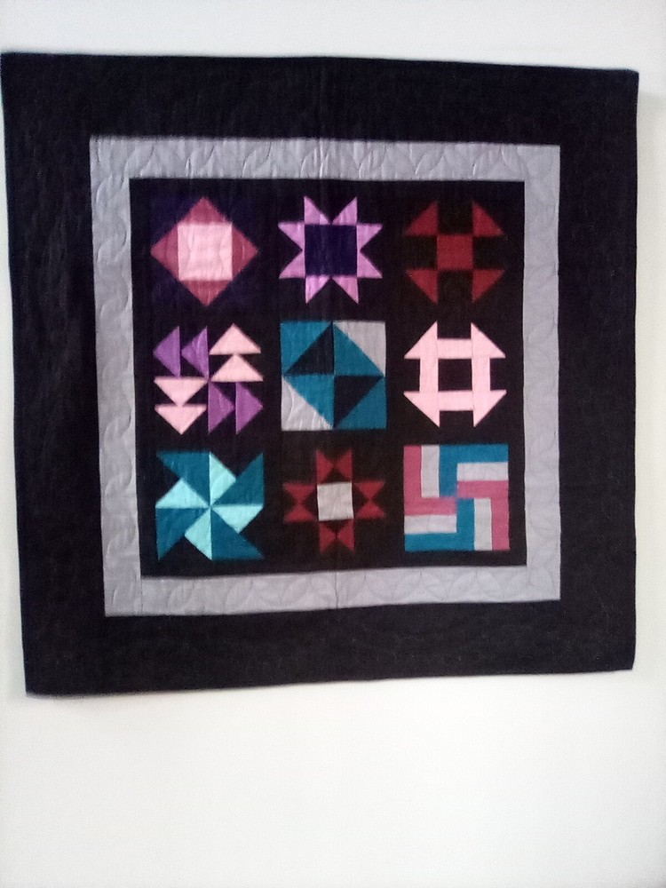 Handmade Sampler Quilted Wall Hanging 34x34 Black with Multicolor