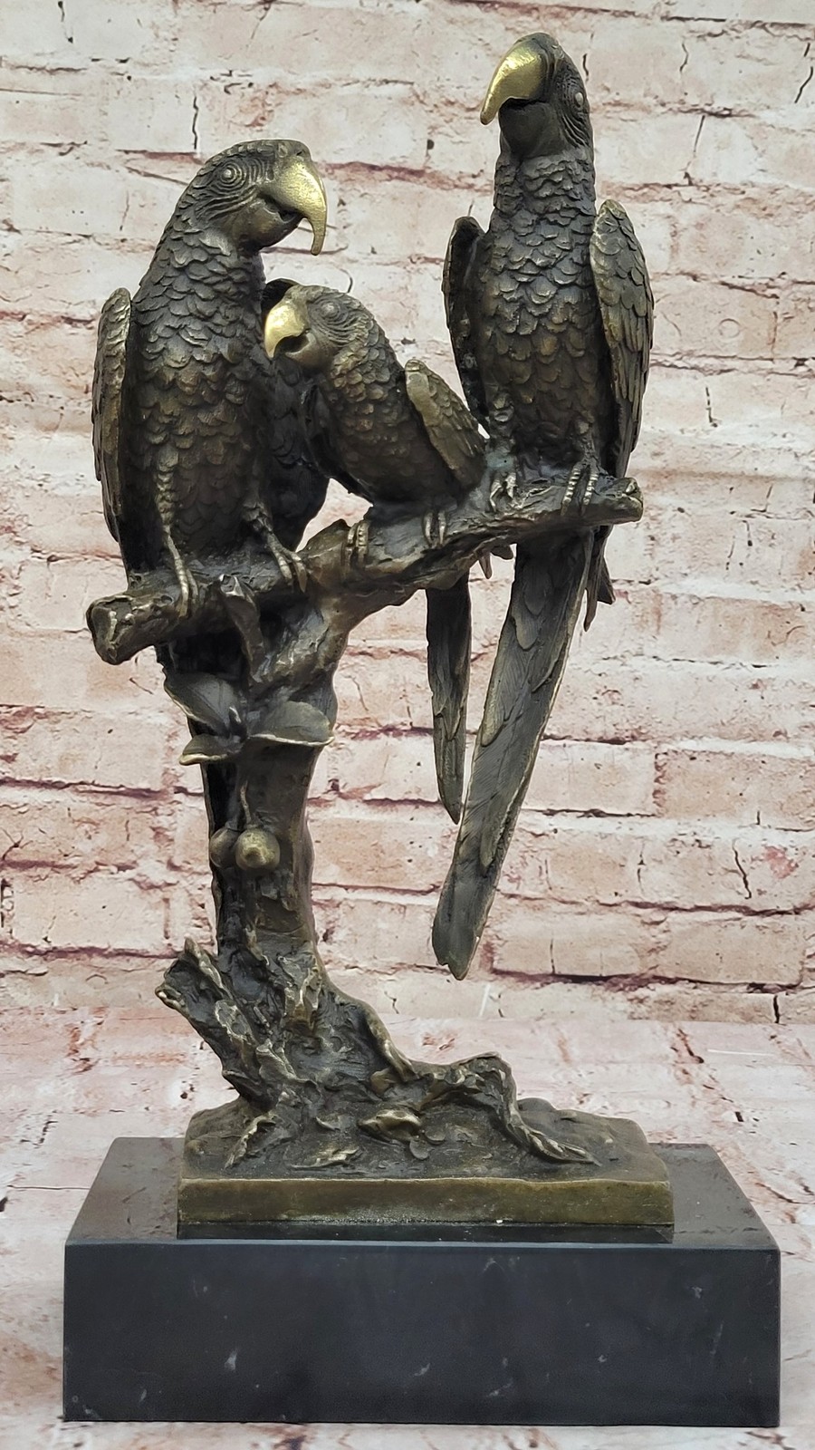 Three Macaw Parrots on a Branch Bronze Metal Statue Sculpture Colorful Decor Art