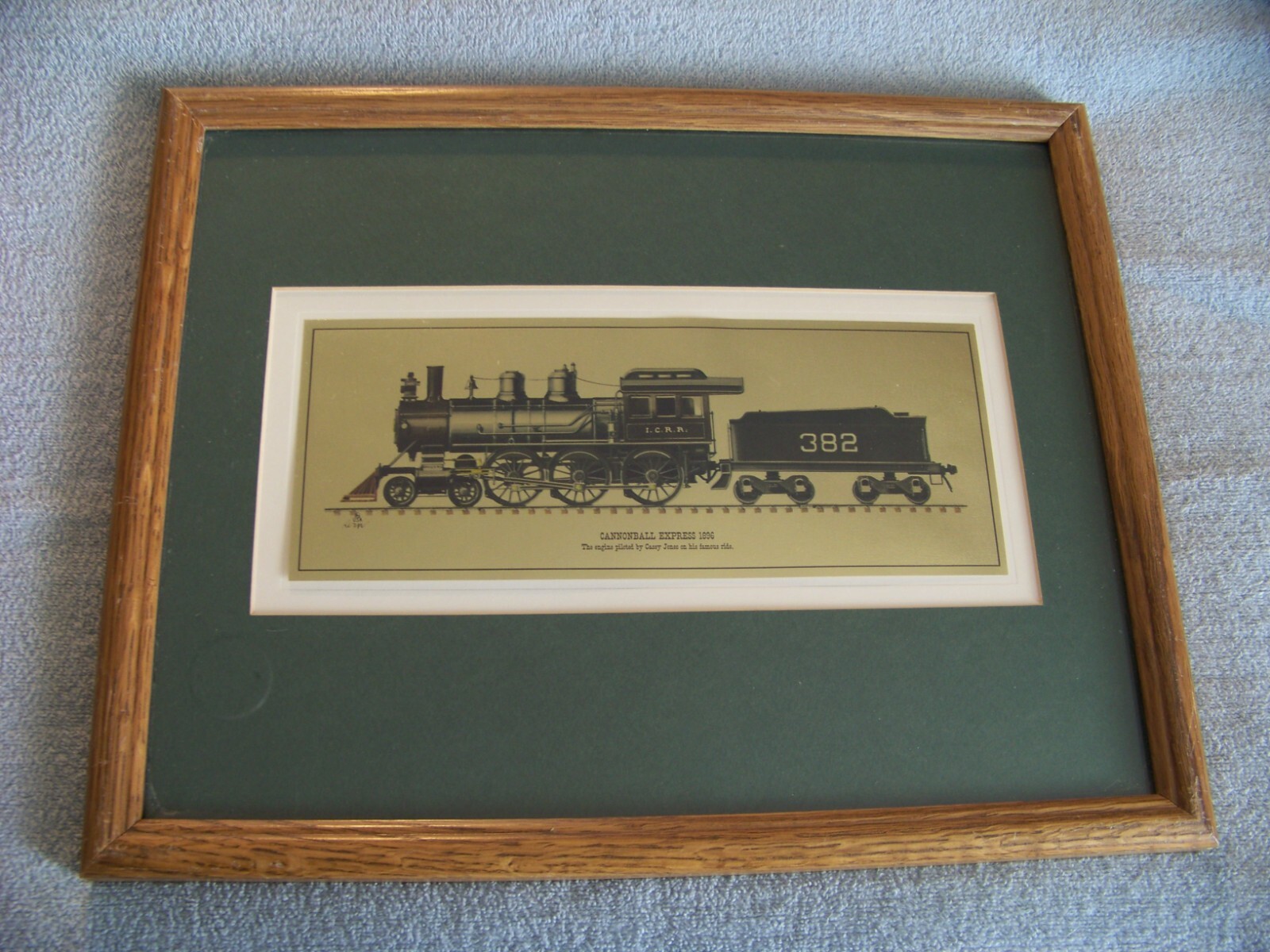 Cannonball Express 1896 Casey Jones oak frame print on gold tone sheet 15"x12"