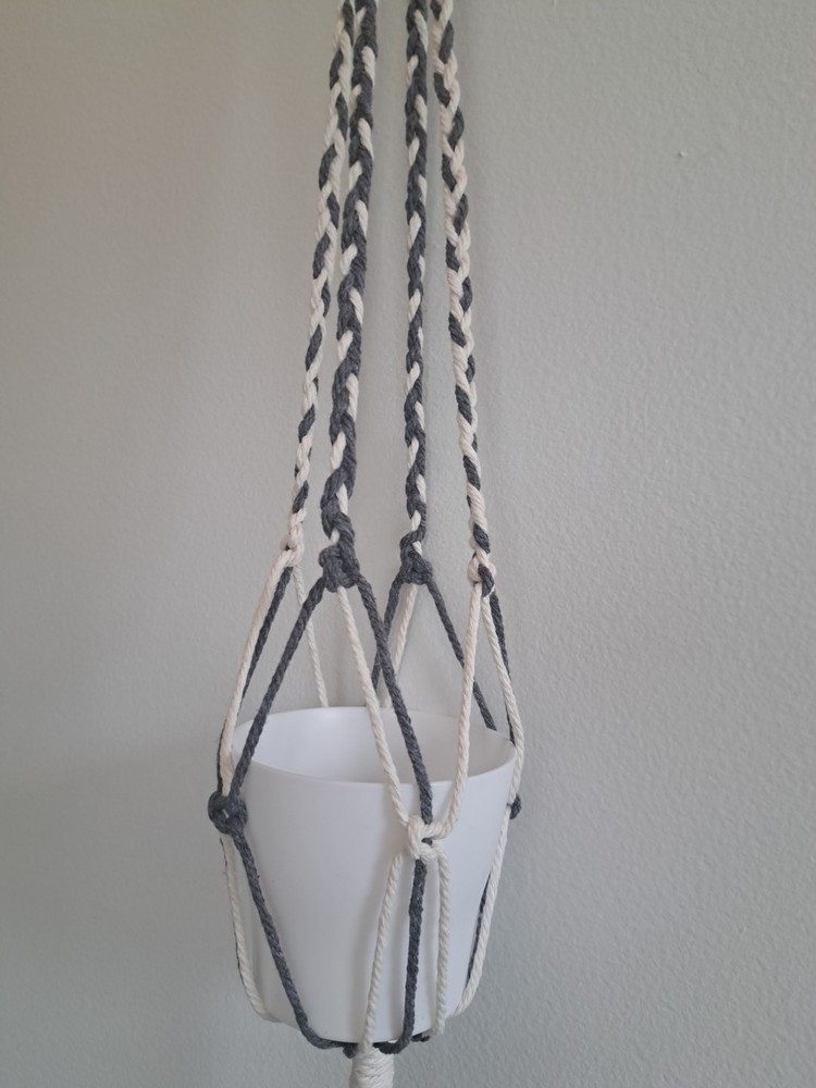 Macrame Plant Hanger, Beige, Gray, 33" Long, Handmade